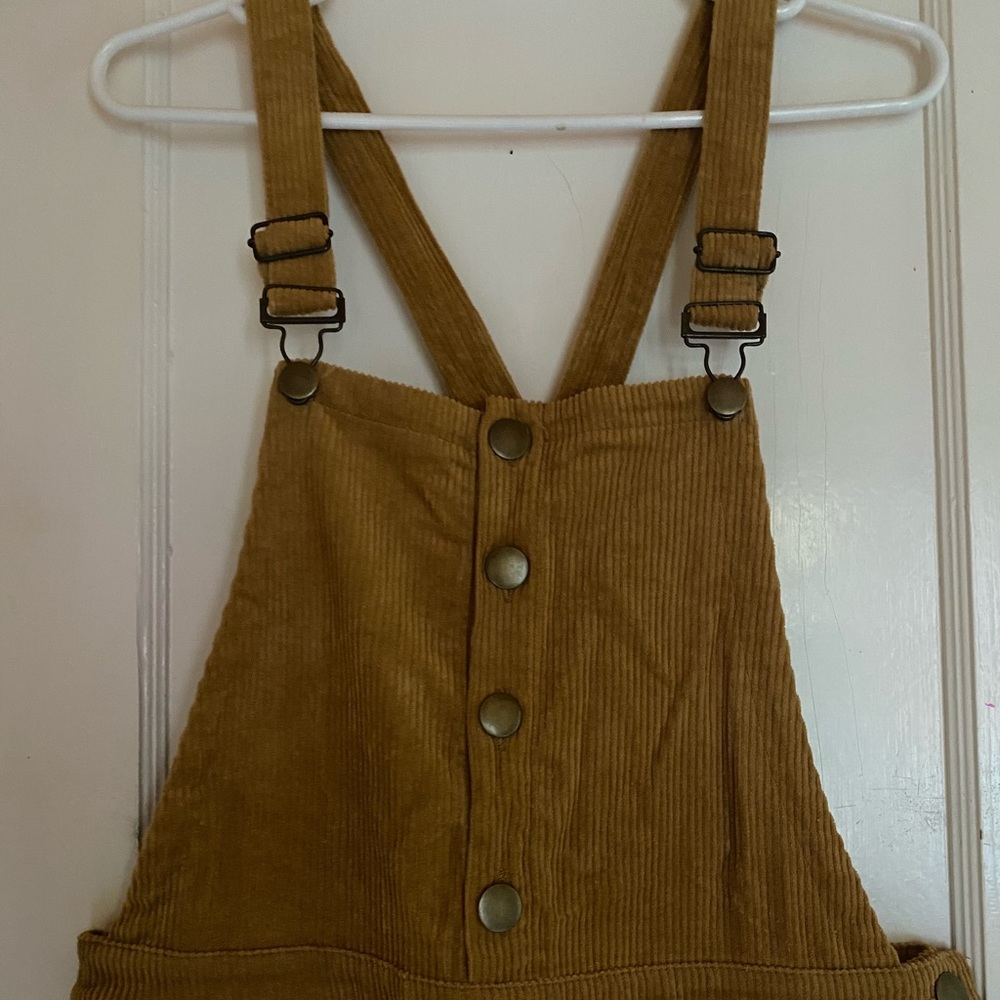 F21 tan corduroy zip and button overalls